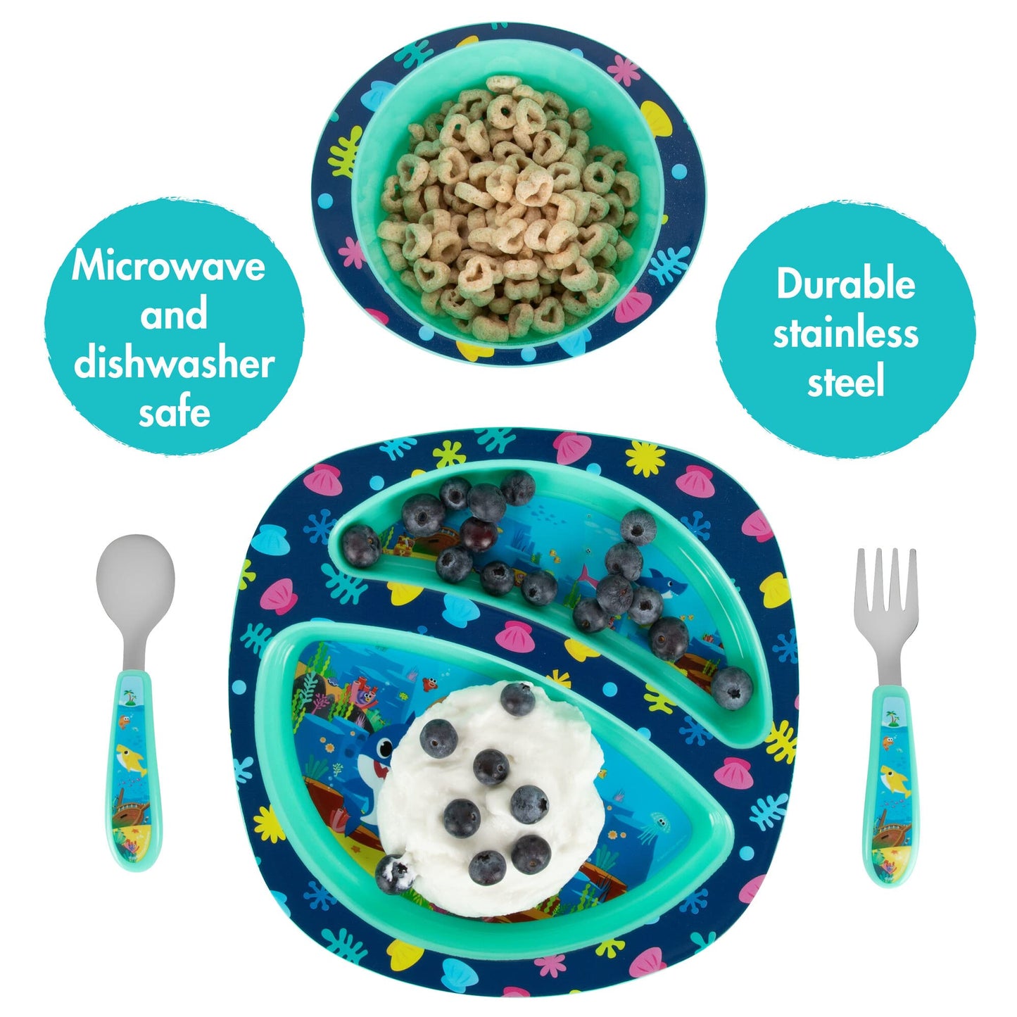 The First Years Bluey 4-Piece Place Setting - BPA Free Dishwasher Safe Toddler Dinnerware Set with Divided Plate, Bowl, Fork, Spoon - Multicolor