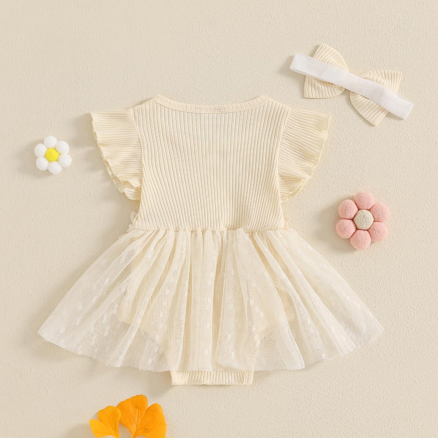 Hnyenmcko Newborn Baby Girl Summer Romper Dress Infant Fly Sleeve Flower Embroidery Mesh Tulle Skirt Hem Ribbed Bodysuit