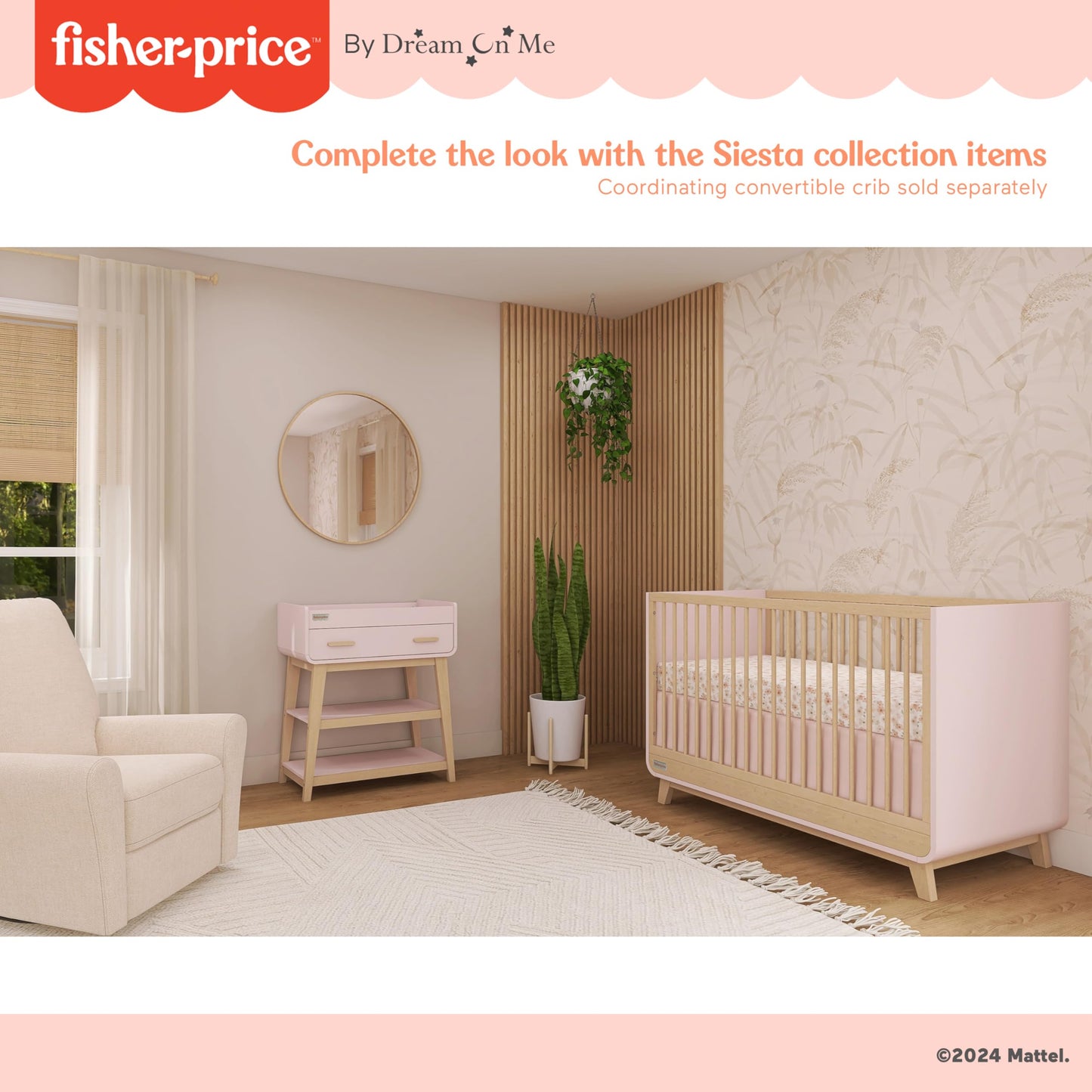Fisher-Price Iris/Siesta Changing Table by Dream On Me, Blush Pink, JPMA & Greenguard Gold Certified, with a Bottom Closed Drawer and Two Open Shelves for Storage