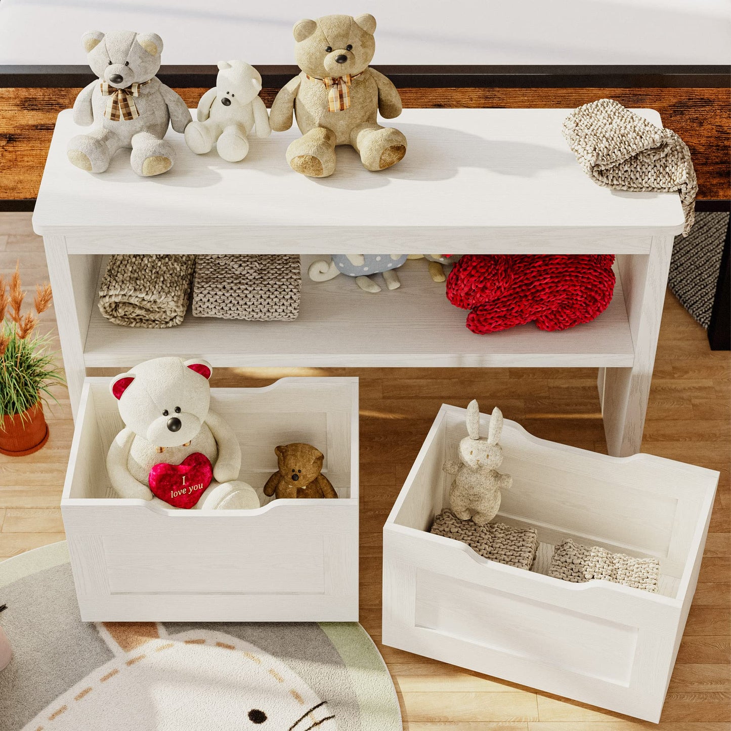 IRONCK Toy Storage Organizer with Drawers, Floor Toy Box with Wheels and Open Shelf, Storage Chest for Nursery, Playroom and Bedroom, White