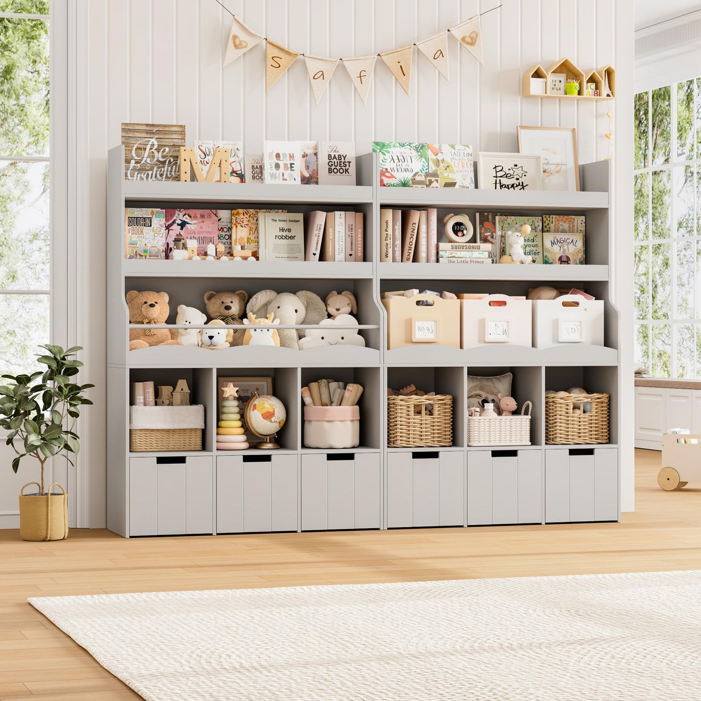 HITHOS 55.3" H Kids Bookshelf with Toy Storage Organizer, Tall Book Shelf with 3 Movable Toy Storage Bins, Large Kids Bookcase with Toy Chest, 39.2" W Modern Toy Box for Kids Room, Playroom, White
