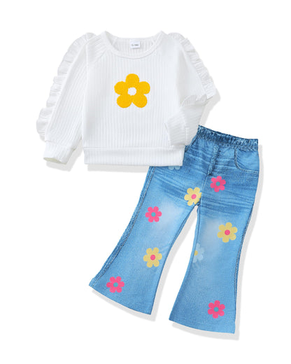 Renotemy Toddler Baby Girl Clothes Fall Winter Outfits Gifts Sweatshirt Bell Bottom Jeans Pants for 12Months-5 Year Girls