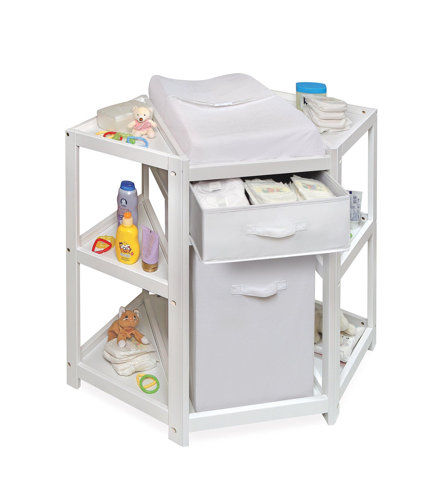 Badger Basket Diaper Corner Baby Changing Table – Space-Saving White Nursery Station with Hamper, Basket & Changing Pad
