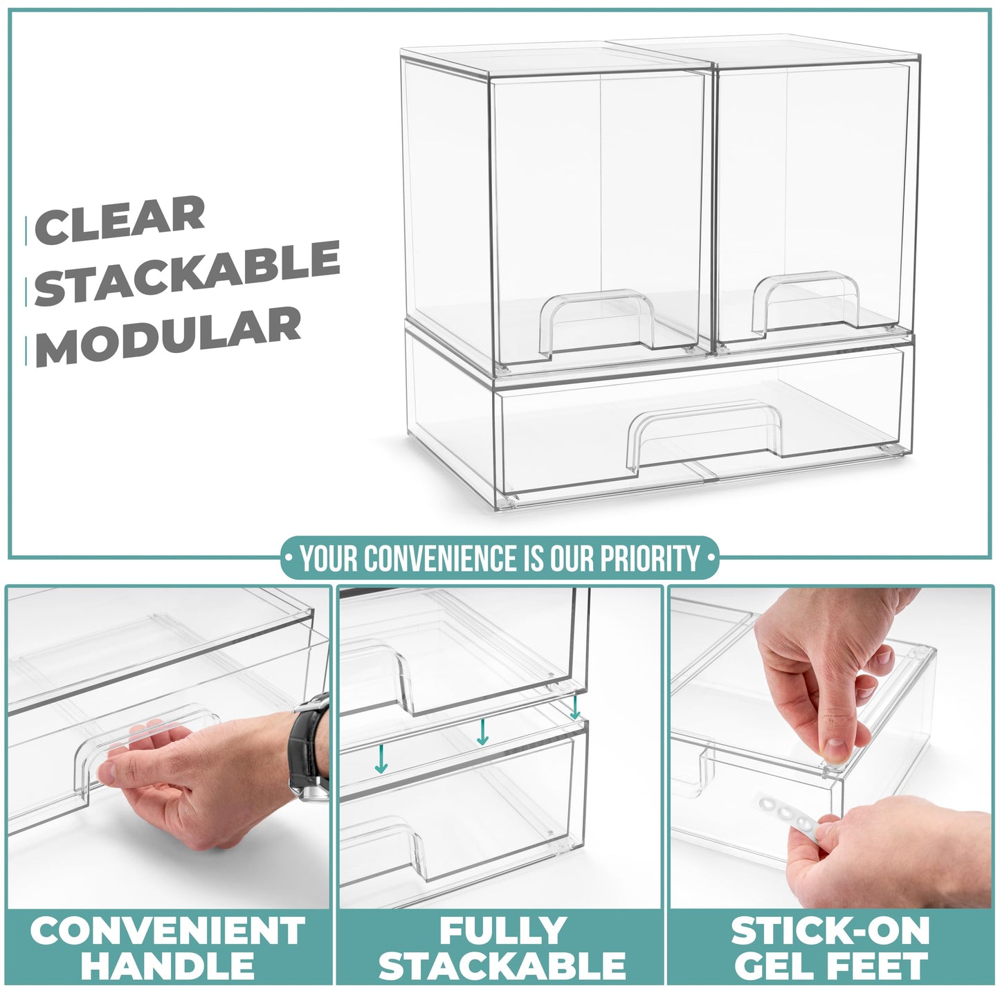Sorbus Acrylic Storage Containers - 2 Pack, Stackable Storage Bins Set for Bathroom Organization - Clear Acrylic Drawer Organizers - Makeup Case Pull-Out Drawers (7.6’’ and 4.4’’ Tall)