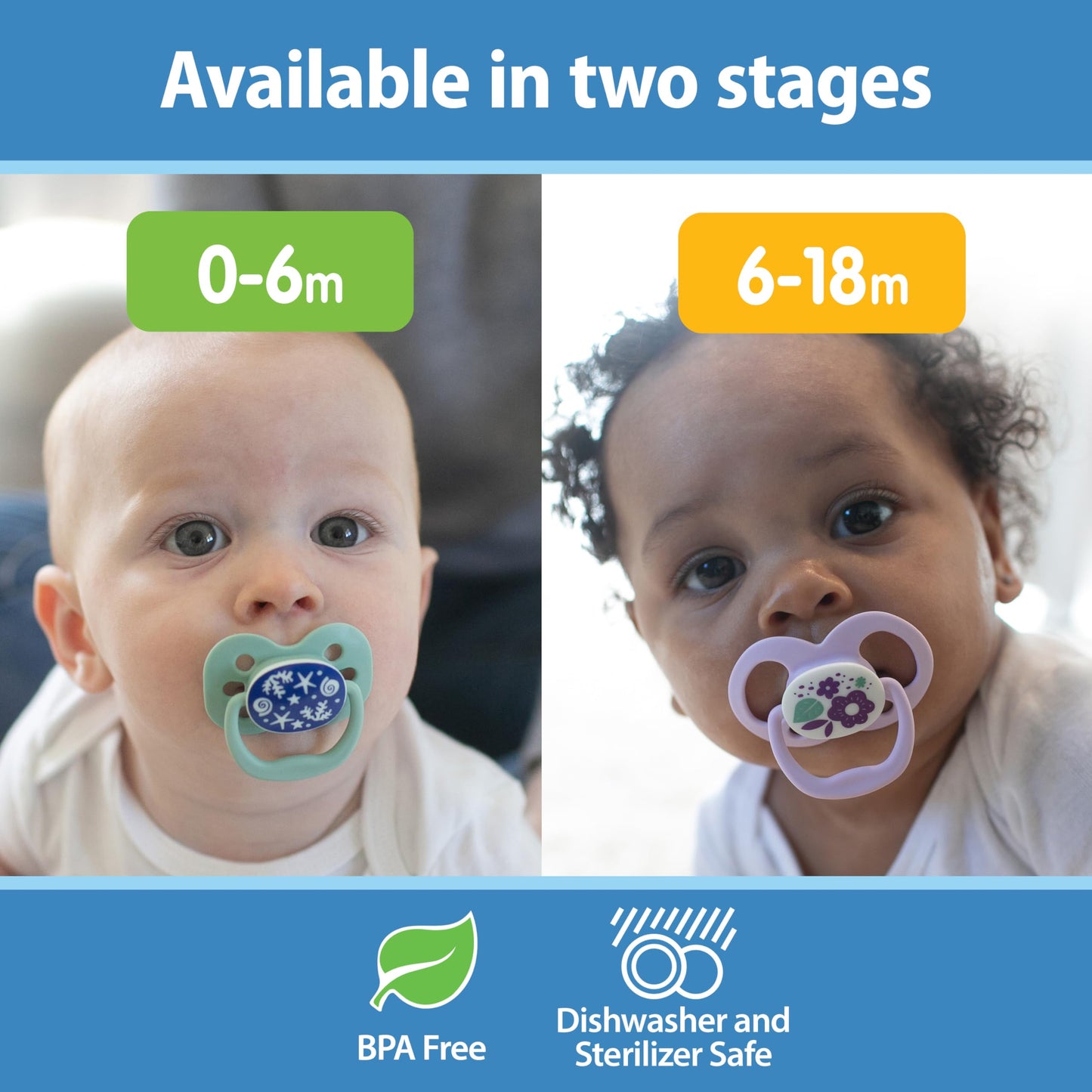 Dr. Brown's Advantage Glow-in-the-Dark Baby Pacifier, Fully Symmetrical Soother with Soft Silicone Bulb, Scooter Squirrel-Purple Nature, 6-18m, BPA Free, 4 Pack