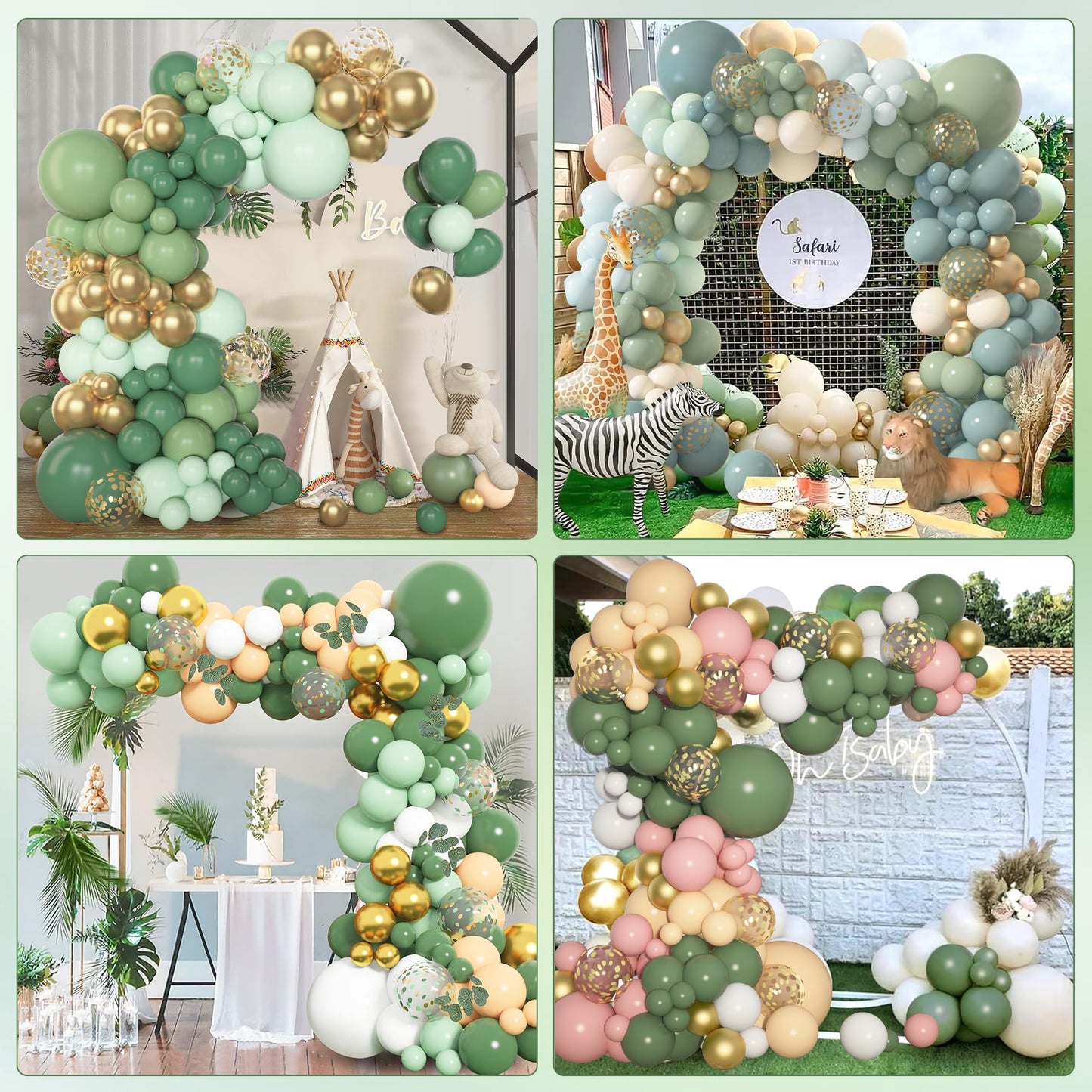 Amandir 153pcs Sage Green Balloon Garland Arch Kit, Different Sizes 18 12 10 5 inch Green Blush Gold Latex Metallic Confetti Gold Balloons for Birthday Baby Shower Wedding Safari Forest Decorations