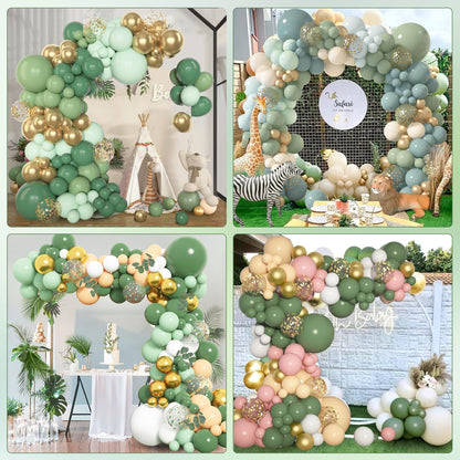 Amandir 153pcs Sage Green Balloon Garland Arch Kit, Different Sizes 18 12 10 5 inch Green Blush Gold Latex Metallic Confetti Gold Balloons for Birthday Baby Shower Wedding Safari Forest Decorations