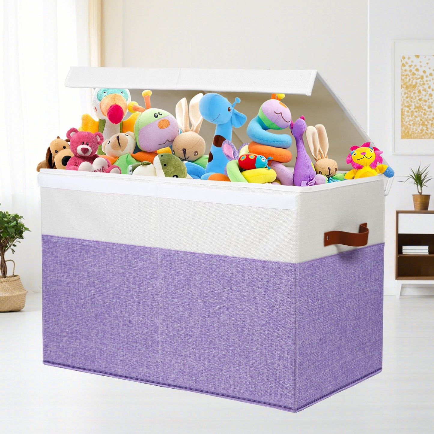 Large Toy Storage Box with Lid, Sturdy Toys Storage Chest Bin Organizer Basket with Dividers for Kids, Boys, Girls, Nursery, Closet, Bedroom, Playroom 25"x13" x16" (Beige and White)