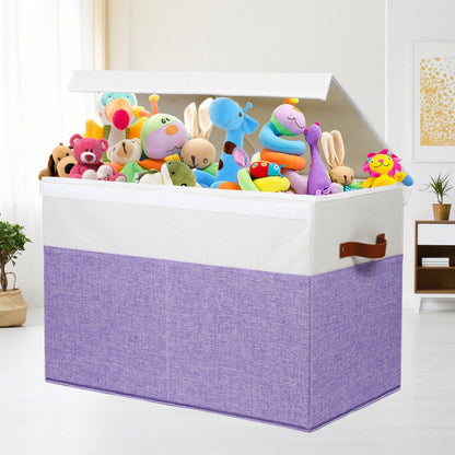 Large Toy Storage Box with Lid, Sturdy Toys Storage Chest Bin Organizer Basket with Dividers for Kids, Boys, Girls, Nursery, Closet, Bedroom, Playroom 25"x13" x16" (Beige and White)