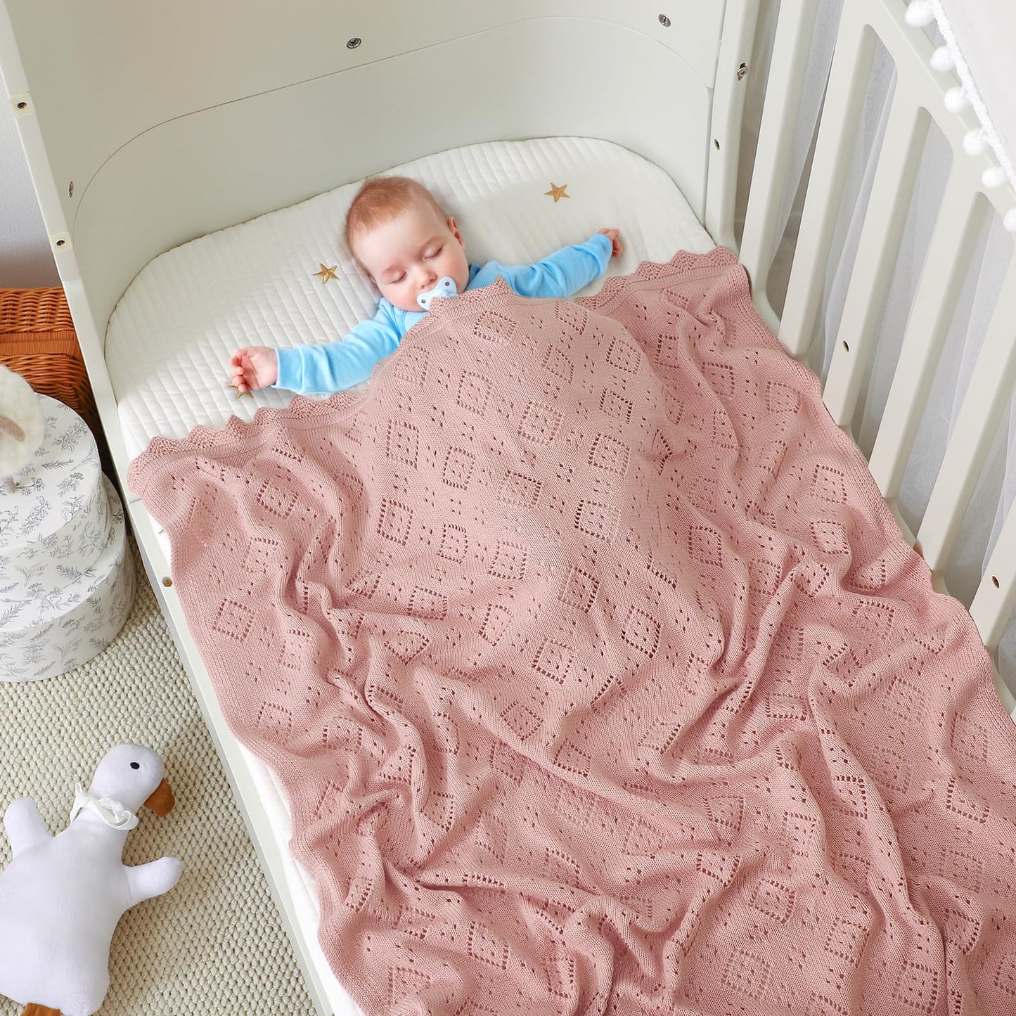 mimixiong Baby Swaddle Blanket 100% Cotton Gender Neutral Pointelle Receiving Blanket for Boys Girls Cuddle Stroller Crib Blanket (Oatmeal)