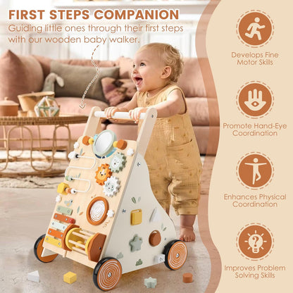 Wooden Baby Walker, Baby Push Walker with Activity Center for Girls Boys, Push Walker Toys for Babies Learning to Walk, Sit-to-Stand, for 10-12 Months 1 2 3 Years Old