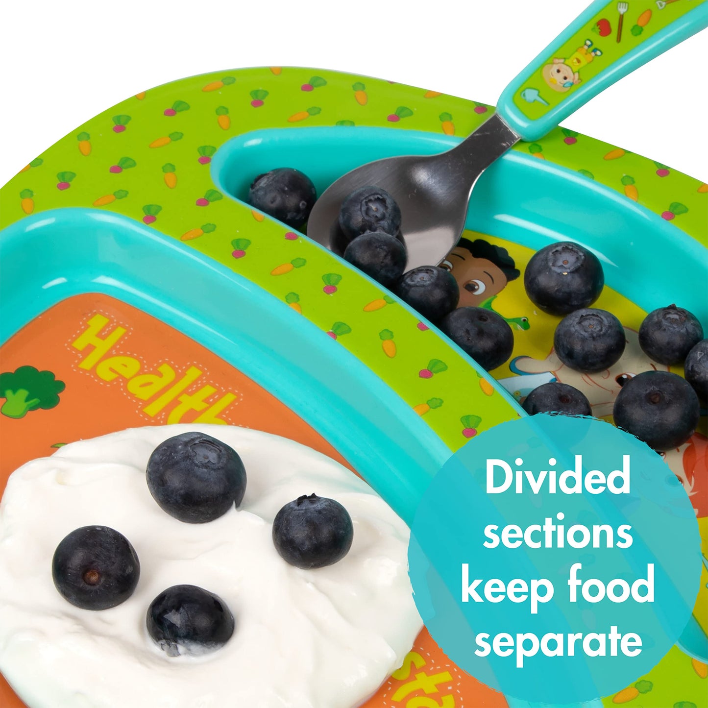 The First Years Bluey 4-Piece Place Setting - BPA Free Dishwasher Safe Toddler Dinnerware Set with Divided Plate, Bowl, Fork, Spoon - Multicolor