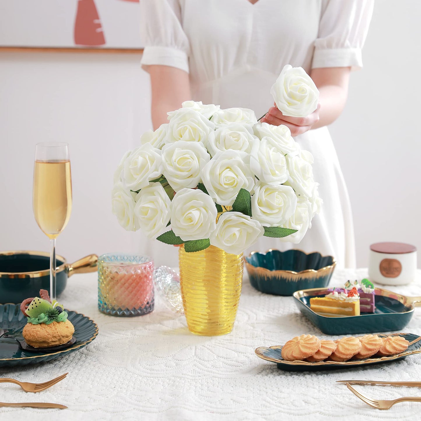 Artificial Flowers Combo, Fake Flowers for DIY Tables Centerpieces Baby Shower Bridal Shower Wedding Bouquet Arrangements Party Candle Holder Cake Decor Flower Home Decorations