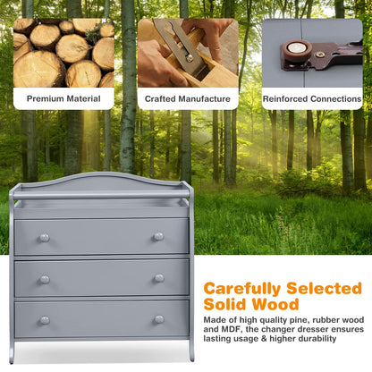 Costzon 3-Drawer Changing Table, Infant Diaper Changing Station with Drawers, Safety Rails & Strap, Baby Changing Table Dresser for Nursery, Easy Assembly (Brown)