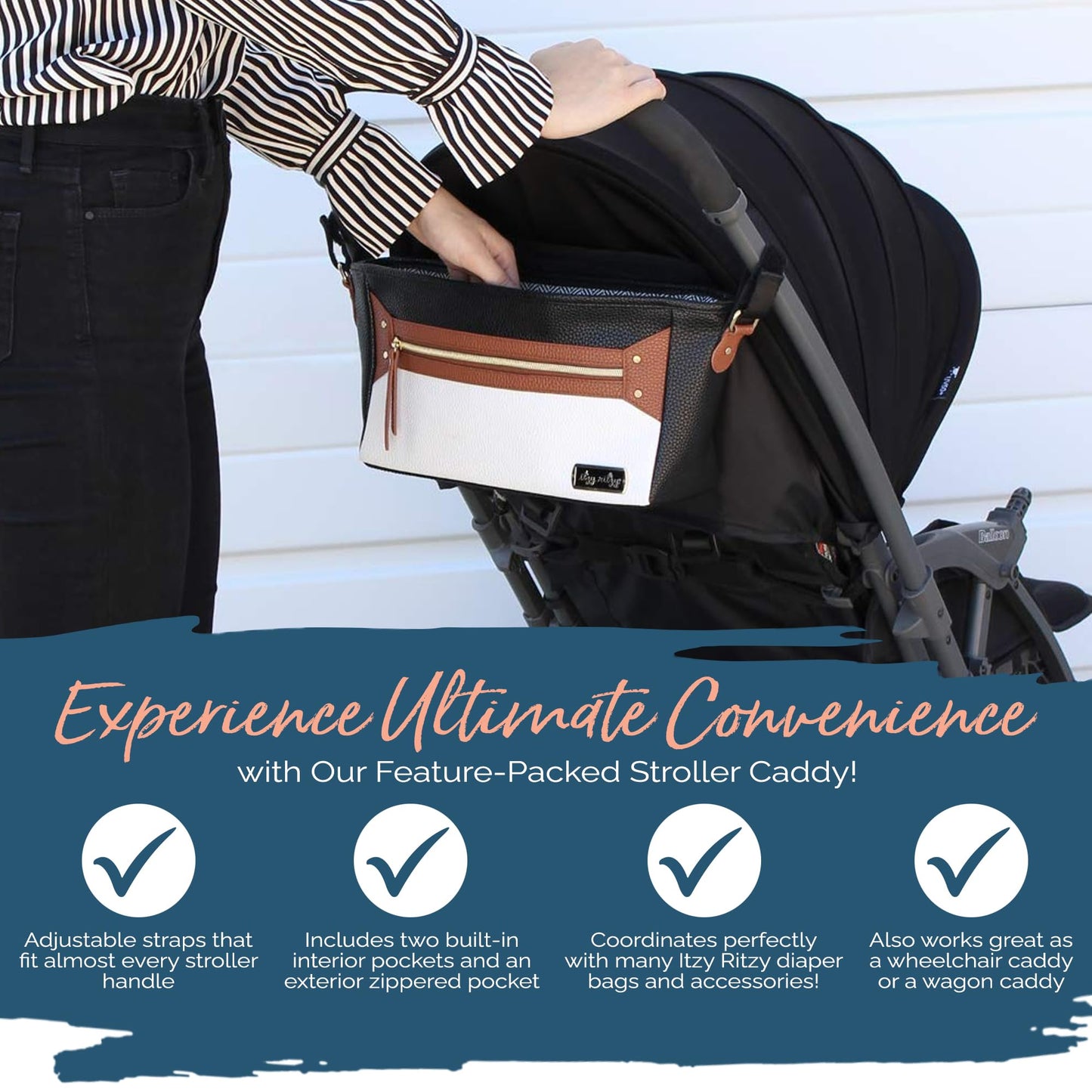 Itzy Ritzy Adjustable Stroller Caddy and Organizer Bag Featuring Front Zippered Pocket, 2 Built-in Interior Pockets & Adjustable Straps to Fit Nearly Any Stroller (Chai)