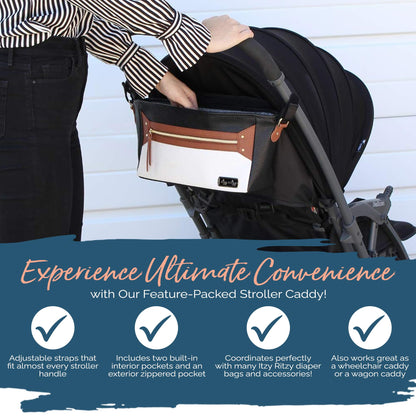 Itzy Ritzy Adjustable Stroller Caddy and Organizer Bag Featuring Front Zippered Pocket, 2 Built-in Interior Pockets & Adjustable Straps to Fit Nearly Any Stroller (Chai)