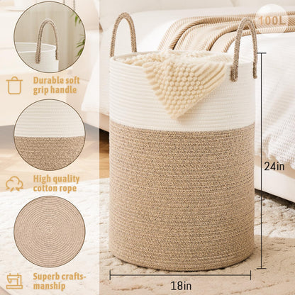 Laundry Basket,Woven Cotton Rope Laundry Hamper,60L for Decor Storage of Dirty Clothes,Toys and Blankets in Bathroom,Baby Room and Living Room