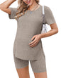Ekouaer Maternity Sets 2 Piece Outfits Ribbed Knit Short Sleeve Shirts and Biker Shorts Pregnancy Loungewear Mama Clothes