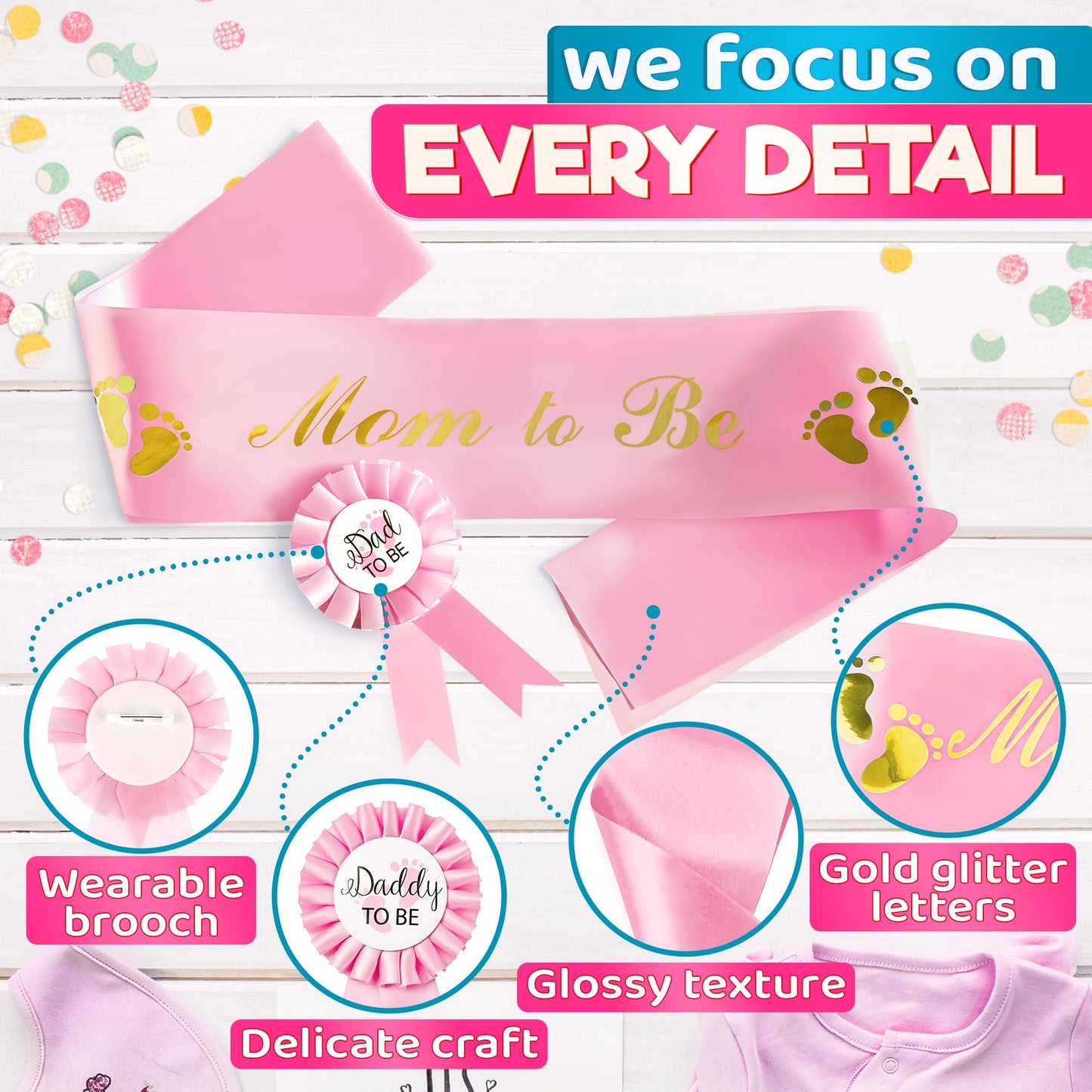 Pink Baby Shower Decorations Mom to Be Sash Baby Shower Decorations for Girl and Sash Daddy to Be Badge - Glossy Texture, Wearable Brooch, Wear-Resistant, set with Ribbon and Badge, Delicate craft