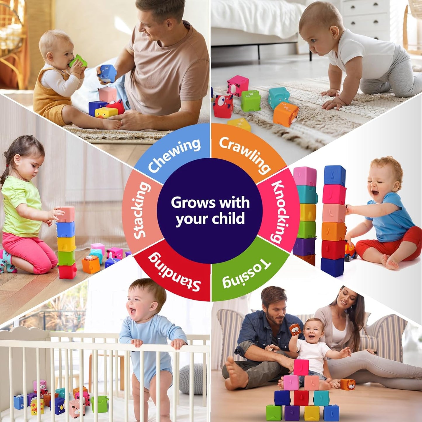 Soft Baby Blocks – Stacking & Building Toys for Babies and Toddlers – 12 No Hole Squeeze Animals Blocks – Sensory Teething Toys for Infant 6 Months+