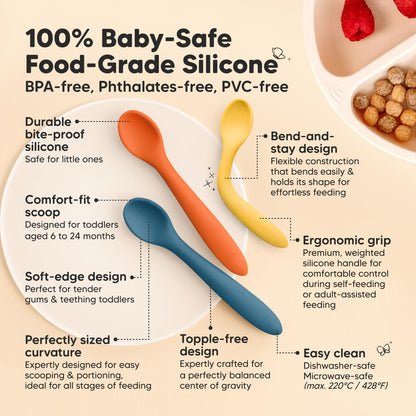 KeaBabies Silicone Baby Spoons, Self Feeding 6-12 months - 3-Pack Baby Weaning Eating Utensils, Toddler First Food Training Spoon, Infant, Kids Feeding Supplies Essential Set, Dishwasher-safe (Slate)