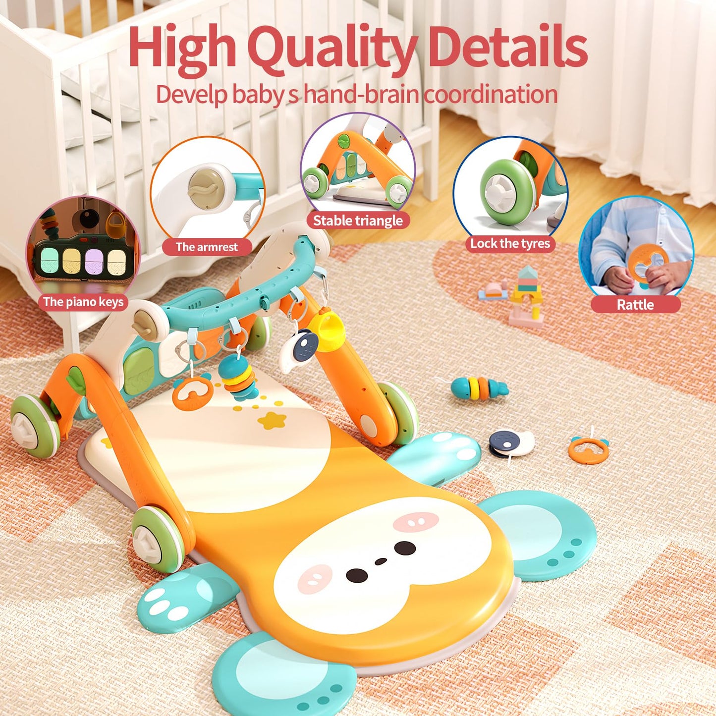 2 in 1 Baby Gym with Walker,Baby Play Mat with 4 Infant Learning Sensory,Double-Sided Multifunctional Removable Play Piano Panel,Sit-to-Stand Learning Walker for 0-24 Months Boy Girl [White]