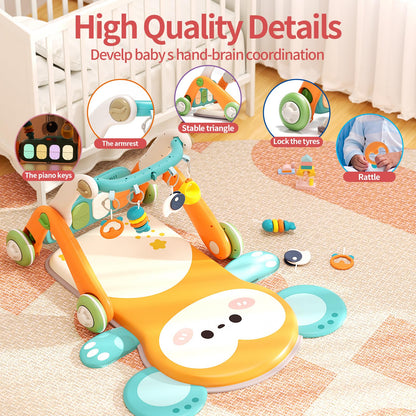 2 in 1 Baby Gym with Walker,Baby Play Mat with 4 Infant Learning Sensory,Double-Sided Multifunctional Removable Play Piano Panel,Sit-to-Stand Learning Walker for 0-24 Months Boy Girl [White]