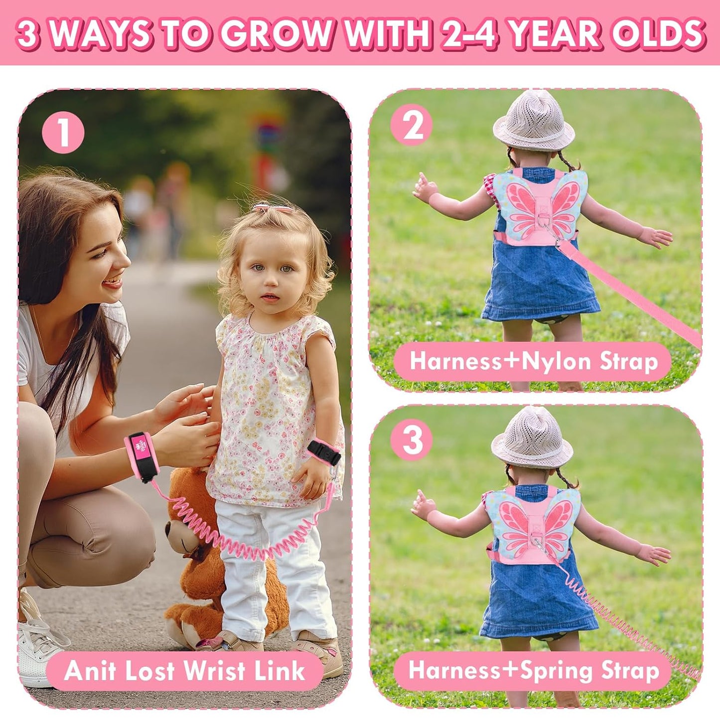 Lehoo Castle Toddler Leash for 1-5 Years, Baby Safety Harness for Girls with Anti-Lost Key Lock & Adjustable Strap, 3-in-1 Wrist Leash and Kids Backpack Harness for Walking Travel (Pink Butterfly)
