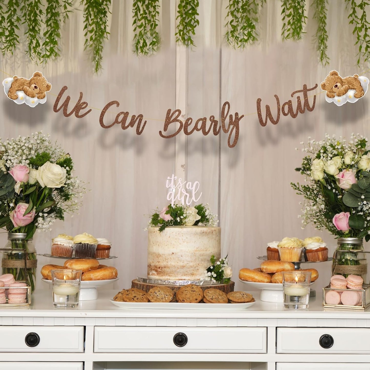 We Can Bearly Wait Baby Shower Decorations Bear Banner We Can Bearly Wait Sign Glitter Brown Cute Bear on the Cloud