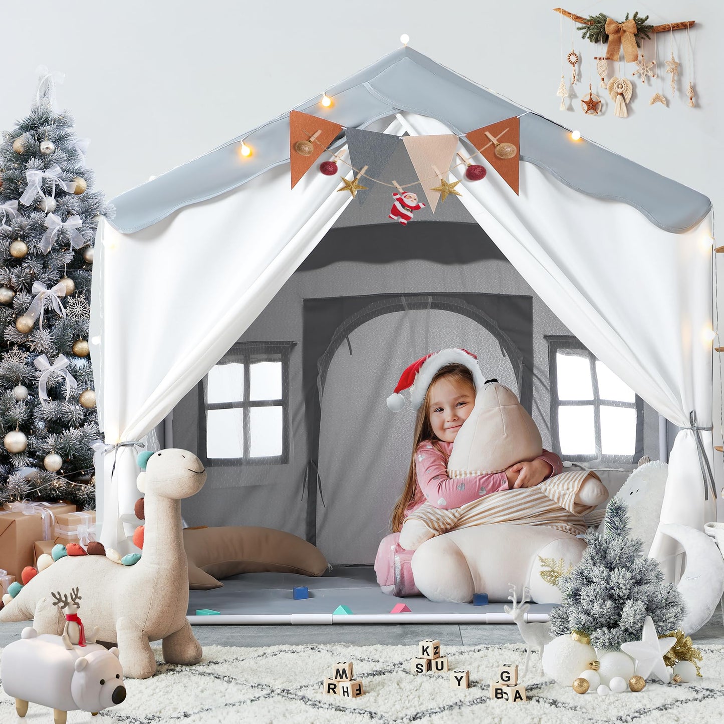 BESREY Kids Play Tent - 2 in 1 with Padded Mat & Lights, Large Playhouse with 2 Doors & 4 Windows, Indoor & Outdoor, Christmas Toddler Play Tent, 51" x 35" x 51