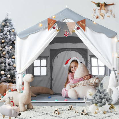 BESREY Kids Play Tent - 2 in 1 with Padded Mat & Lights, Large Playhouse with 2 Doors & 4 Windows, Indoor & Outdoor, Christmas Toddler Play Tent, 51" x 35" x 51