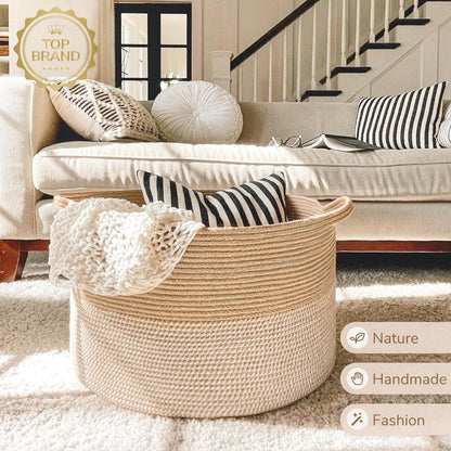 INDRESSME XXXLarge Cotton Rope Basket 21.7" x 21.7" x 13.8" Woven Baby Laundry Blanket Basket Toy Baskets with Handle Storage Comforter Cushions Thread Laundry Hamper
