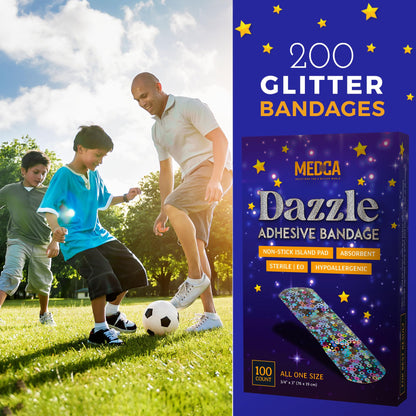 Glitter Bandages for Kids -(100 Count Box) Adhesive Bandage Strips w/Colorful Glitter Design & Latex-Free Individually Wrapped Strips for First Aid, Wound Care, Minor Cuts, Scrapes