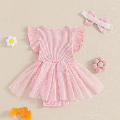 Hnyenmcko Newborn Baby Girl Summer Romper Dress Infant Fly Sleeve Flower Embroidery Mesh Tulle Skirt Hem Ribbed Bodysuit