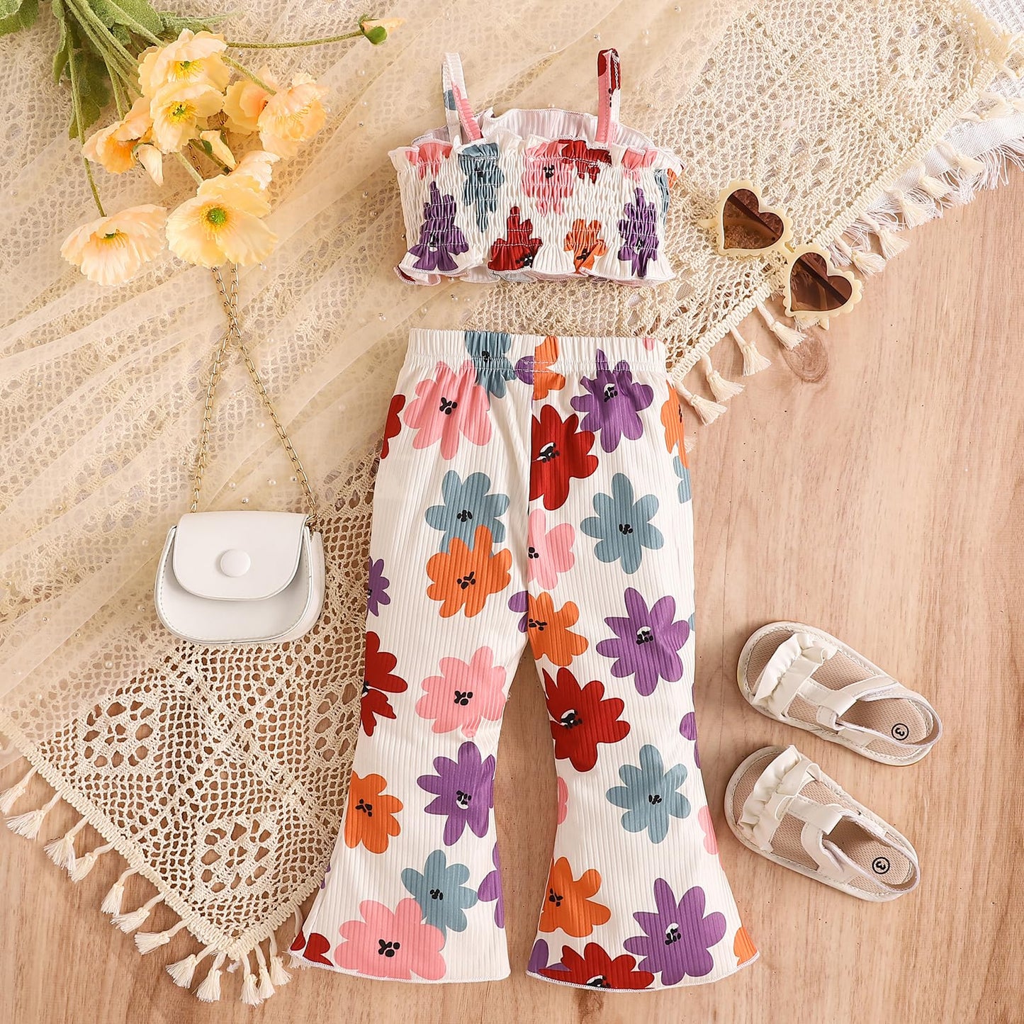 Toddler Baby Girl Boho Outfits Floral Ruffle Rib Sleeveless Halter Tops Bell Bottom 2Pcs Kids Summer Clothes Set