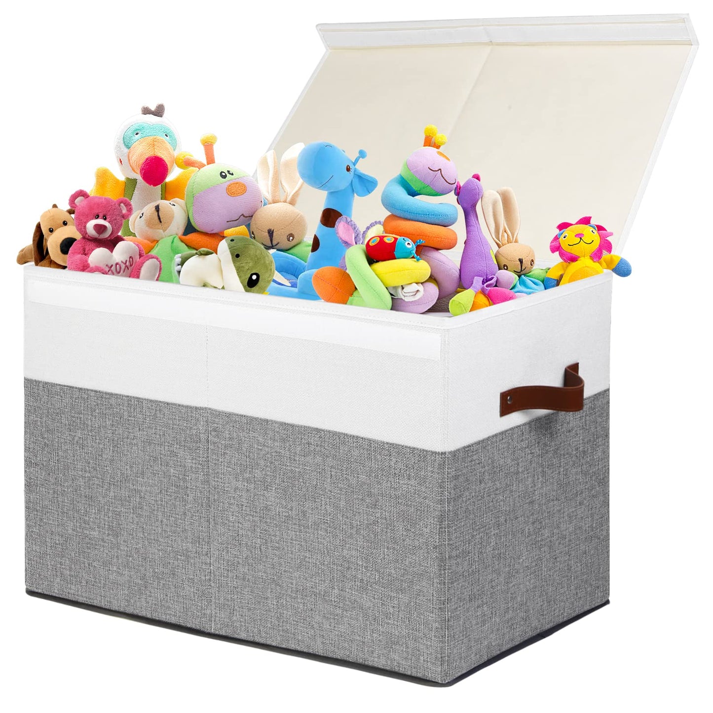 Large Toy Storage Box with Lid, Sturdy Toys Storage Chest Bin Organizer Basket with Dividers for Kids, Boys, Girls, Nursery, Closet, Bedroom, Playroom 25"x13" x16" (Beige and White)