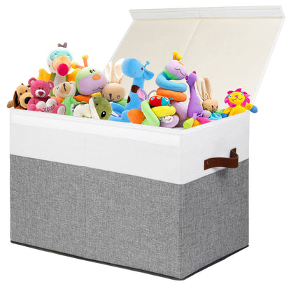 Large Toy Storage Box with Lid, Sturdy Toys Storage Chest Bin Organizer Basket with Dividers for Kids, Boys, Girls, Nursery, Closet, Bedroom, Playroom 25"x13" x16" (Beige and White)
