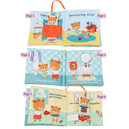 bebe mondo Teddy Bear Soft Baby Book Activity Quiet Cloth Books Developmental Toys Interactive Baby Books for Babies Toddlers Infants, Easter Gifts for Boys Girls,Washable Mirror Toy, Goodnight W Box