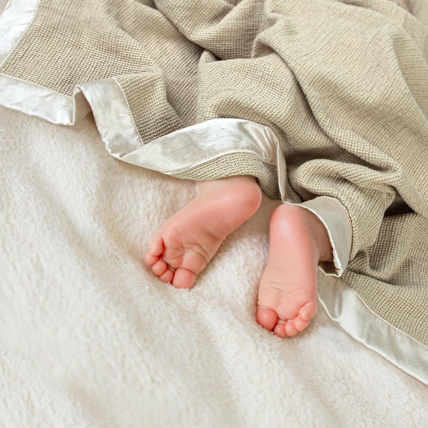 Swaddle Baby Blanket: Waffle Blanket with Satin Strim - Soft Breathable Toddler Blanket for Nursing Cover - Cotton Crib Blanket for Naptime（Cream）
