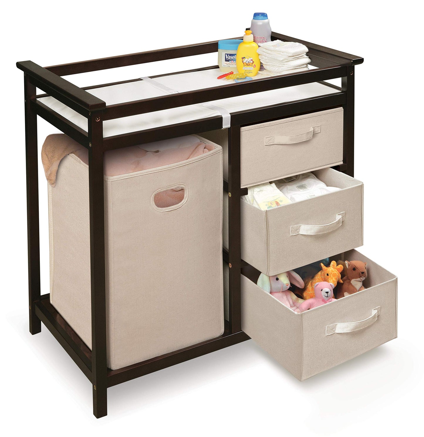 Badger Basket Modern Baby Changing Table - Portable Diaper Station with 3 Drawers Pad & Hamper - Storage Organizer for Baby Clothes, Diapers & Toys - Fresh White/White (34.25 x 20.75 x 34.5)