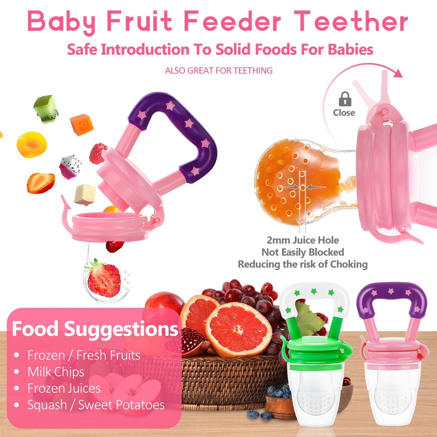 WAJIAYON Baby Fruit Feeder Pacifier | Infant Food Feeder Pacifier & Food Dispensing Spoon | Mesh Fresh Fruit Teethers for Babies | Silicone Feeder Baby Shower Gifts for Boys and Girls (Pink)