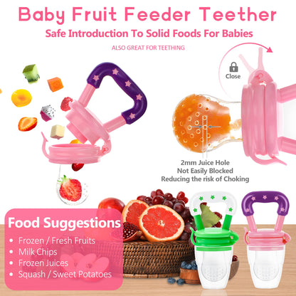 WAJIAYON Baby Fruit Feeder Pacifier | Infant Food Feeder Pacifier & Food Dispensing Spoon | Mesh Fresh Fruit Teethers for Babies | Silicone Feeder Baby Shower Gifts for Boys and Girls (Pink)