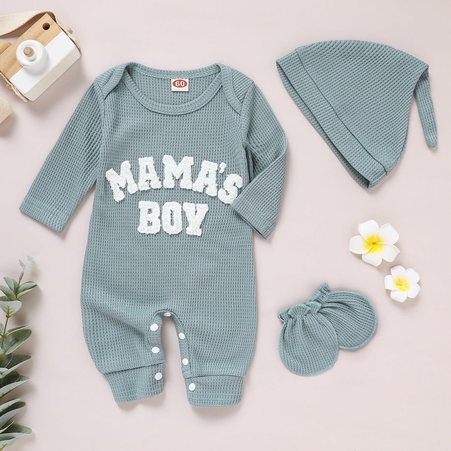 GRNSHTS Newborn Baby Boy Romper Coming Home Outfits Letter Print Bodysuit Jumpsuit+Hat+Gloves 3PCS Clothes Set