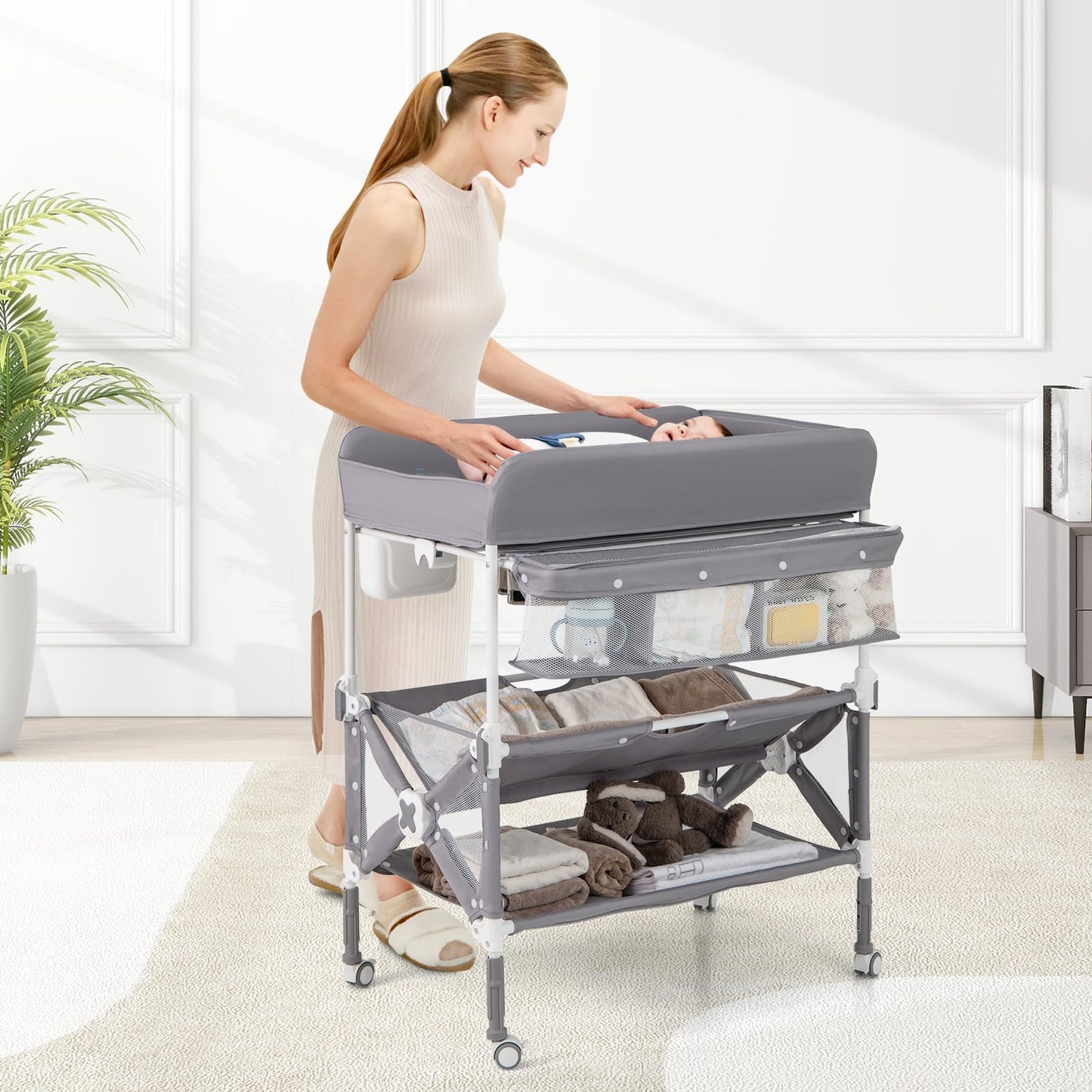 BABY JOY Portable Baby Changing Table, Foldable Waterproof Diaper Changing Station w/Wheels, Adjustable Height, Storage Basket, Shelves & Trash Bin, Mobile Nursery Organizer for Newborn Infant, Beige