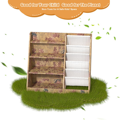 White Kids Bookshelf Wood Toy Storage Organizer Cabinet Children Bookcase Toddler Baby Sling Book Rack 3 Cube Bins Fabric Drawers for Playroom Bedroom Nursery School