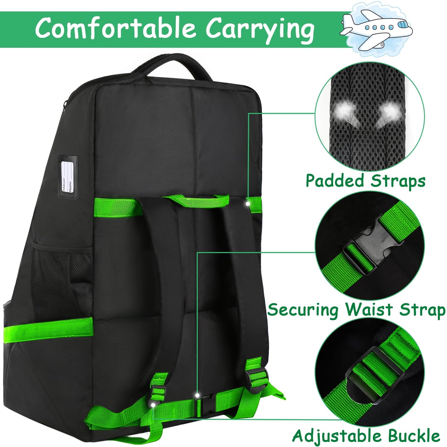 YOREPEK Padded Car Seat Travel Bag Backpack for Airplane, Heavy Duty Car Seat Bags for Air Travel, Carseat Cover for Airplane Travel with Shoulder Strap, Car Seats Carrier for Airport, Black