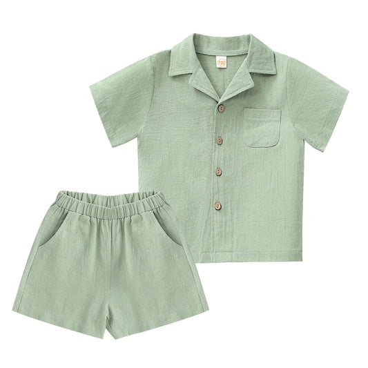 XMWEALTHY Toddler Baby Boy Summer Clothes Color Block Short Sleeve Button-down Shirt Tops + Cotton Pants Outfit Set