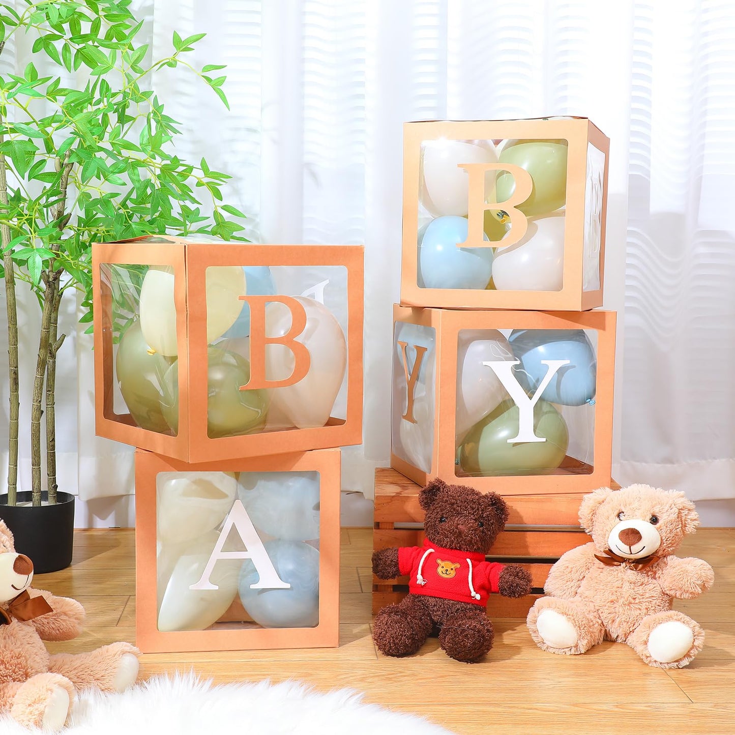 Zhanmai Baby Boxes for Bear Baby Shower Decoration with 4 Letters 36 Balloons 4pcs Transparent Clear Balloon Box Blocks for Boy Girl Balloon Boxes Gender Reveal Party Favors (Brown, Apricot, Blue)