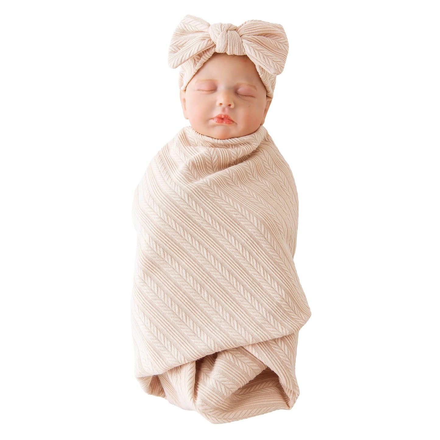 Jastore Baby Infant Swaddle Blankets for Girls 3PCS Newborn Accessories Set with Matching Hat and Bow Headband (Pale Pink, 33"*35")