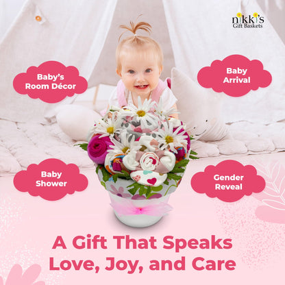 Deluxe Baby Blossom Clothing Bouquet | Newborn Baby Girl Gift Set | Gift for Expecting Moms and Gender Reveals | New Baby Gift Basket | Pink Baby Gift Set | Baby Girl Outfits | Nikki's Gift Baskets